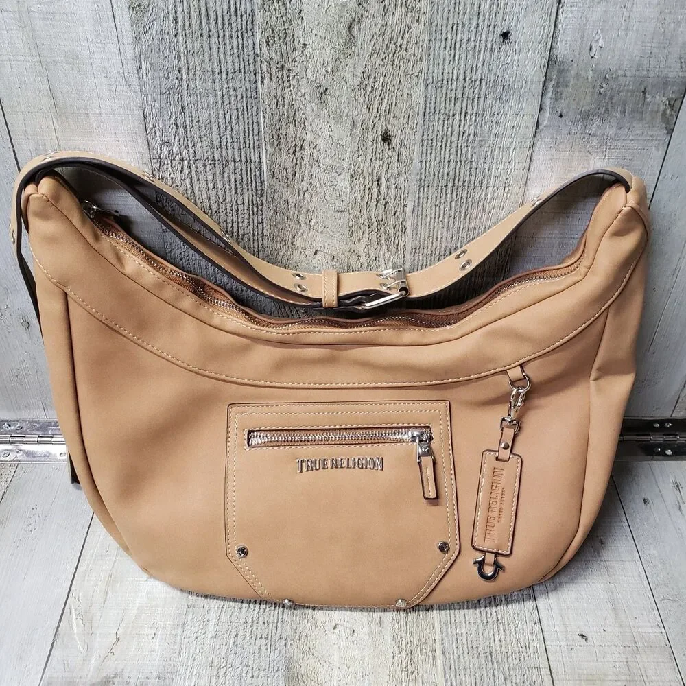 TRUE RELIGION Purse Bag Suede Hobo Crossbody Tan Adjustable Strap Zip Top NEW